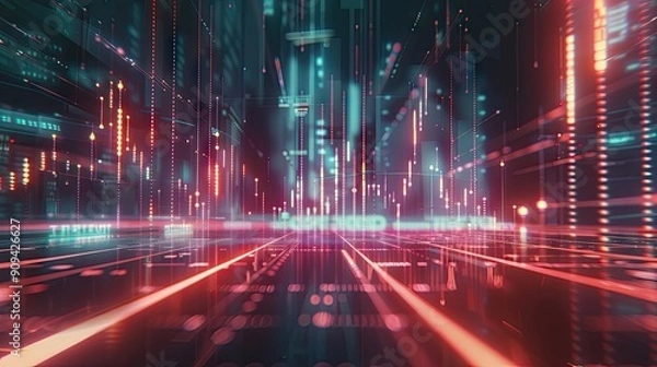 Obraz 3D rendering of a financial growth chart with data points and digital lines on a futuristic background with this inviting photo.