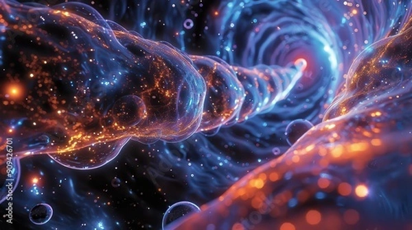 Fototapeta Generate a captivating scene of hydrogen and helium shaping the universe, top view, displaying cosmic formation, robotic tone, Splitcomplementary color scheme, copy space for text,