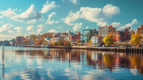 Fototapeta Scenic riverside town with colorful buildings, autumn foliage, and reflected sky