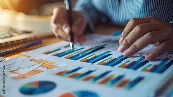 Fototapeta Close-up of hands working with charts and graphs on paper, tools for detailed investment analysis with this inviting photo.