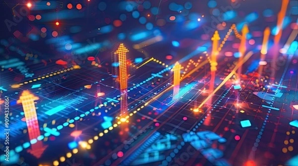 Obraz Stylized 3D model of a financial graph with arrows and digital effects on a futuristic background with this inviting photo.