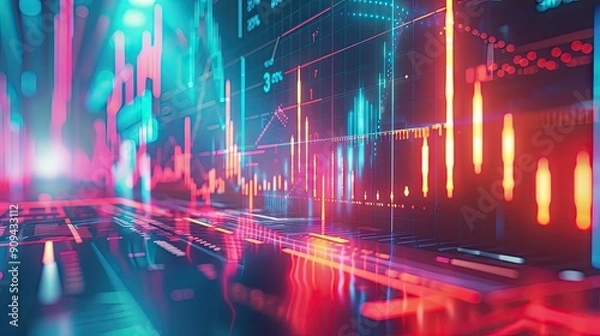 Fototapeta Stylized 3D model of a financial graph with arrows and glowing lines on a futuristic background with this inviting photo.