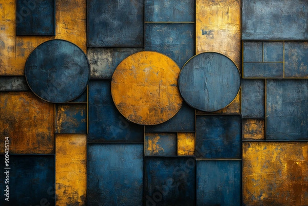 Fototapeta abstract painting, geometric shapes in blue and yellow, gold lines, composition in the style of the golden ratio