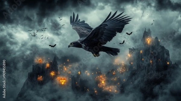 Fototapeta An eagle with a spooky expression flying over a haunted mountain with Halloween fog and glowing lights