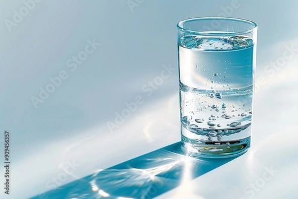 Fototapeta Glass filled with water on white background with natural light, web banner with empty space to the right, minimalistic copyspace style
