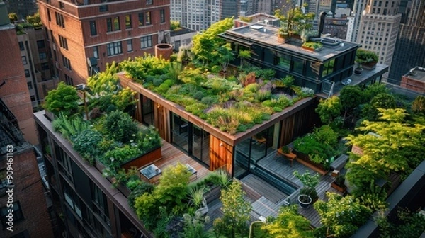Fototapeta Urban Rooftop Garden Oasis in the Heart of the City with Lush Greenery and Modern Architecture