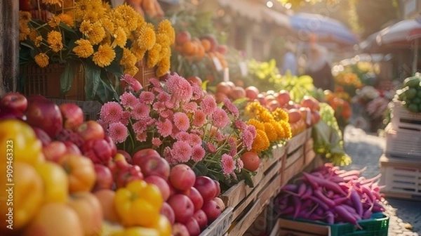 Fototapeta sunlit farmers market bursting with colorful produce wooden stalls overflow with fresh fruits vegetables and flowers creating a vibrant tapestry of local bounty