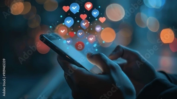 Fototapeta Close-up of person's hand using smart phone and typing message for communication with social media icons. Network technology concept