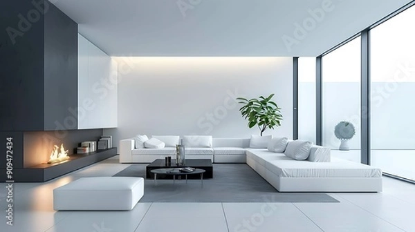 Fototapeta Modern minimalist apartment interior living room with fireplace