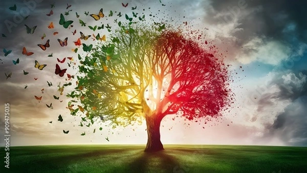 Fototapeta Colorful tree with leaves transforming into butterflies, symbolizing growth and positive chang, self care and mental health concept