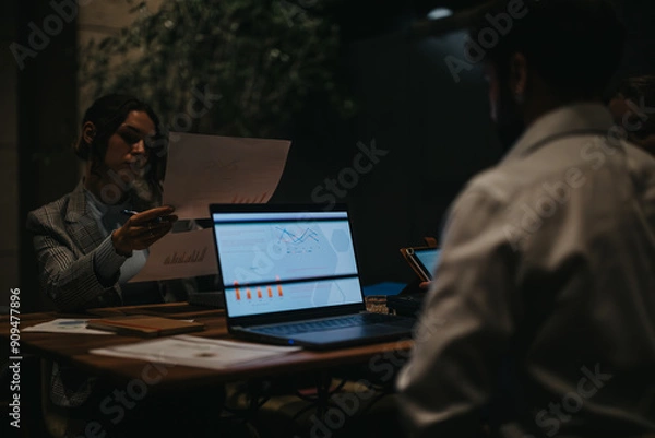 Fototapeta Team members analyzing charts and graphs during a business meeting in a dark office setting. Focus on collaboration and data analysis.