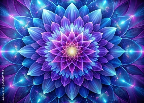 Fototapeta Vibrant, intricately patterned flower blooms with mesmerizing shades of purple and blue, radiating energy and tranquility in a stunning, otherworldly digital illustration.