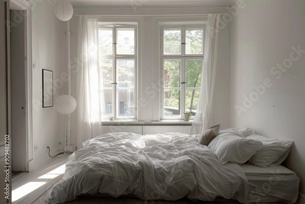 Fototapeta Cozy white bedroom with minimal design, soft bedding, and plenty of natural light
