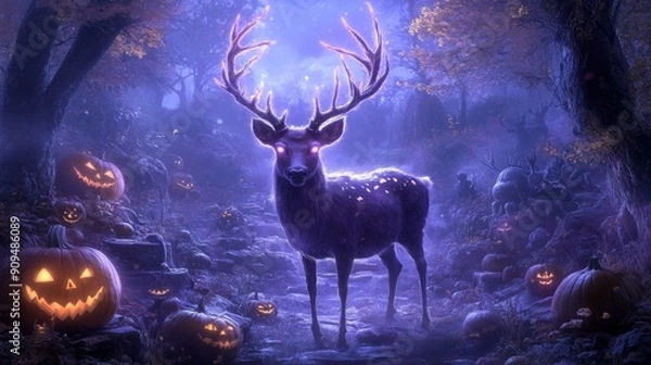 Fototapeta An enchanted deer with glowing antlers in a spooky forest filled with Halloween creatures