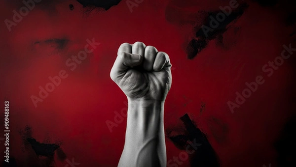Fototapeta Close-up of a fist raised in the air on red background, Raised fist against an abstract red background