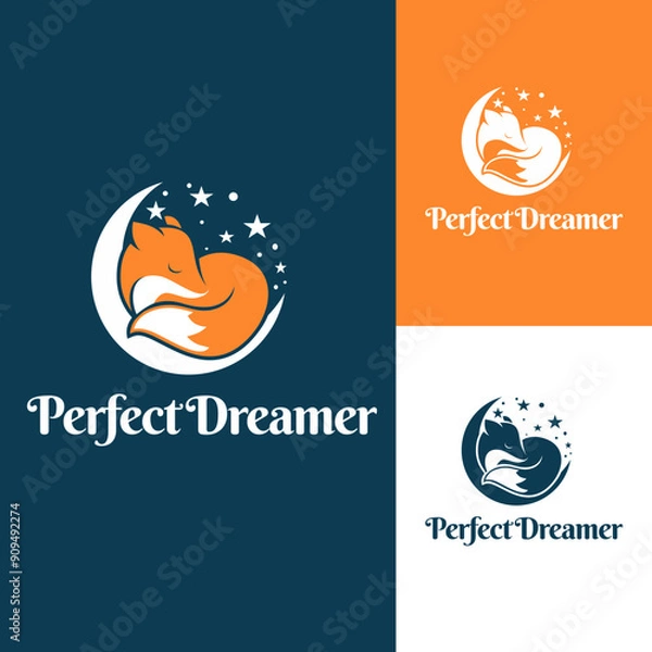 Obraz sleep fox fun character mascot with moon and star, for sleeping dreamer logo designs