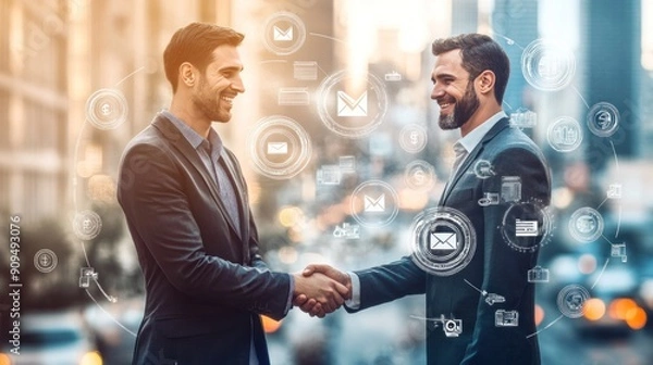 Fototapeta smiling male engineer and businessman shaking hands with currency, oil, communication and mail icons overlaid on blurred New York City background. Business information concept