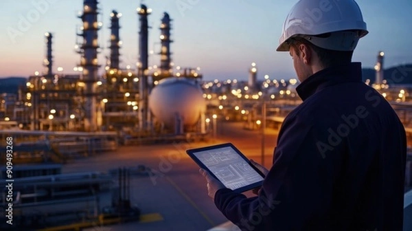 Obraz An engineer or refinery supervisor is checking natural gas supply on a digital tablet, with an LPG gas plant in the background.