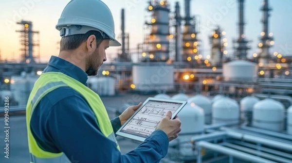 Obraz An engineer or refinery supervisor is checking natural gas supply on a digital tablet, with an LPG gas plant in the background.