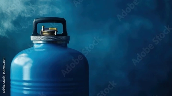 Obraz Blue LPG gas cylinder on a small cart for delivery to customers. Daily cooking gas. Blurred background of gas cylinder.