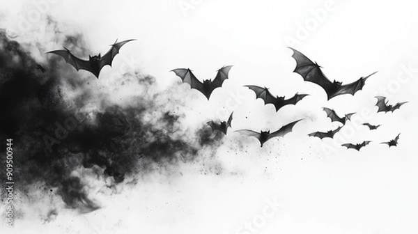 Fototapeta Flock of bats with black smoke flying isolated on white background.


