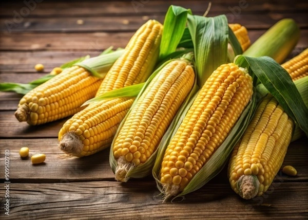 Fototapeta Freshly harvested golden yellow corn on the cob with plump kernels and green husks, arranged artfully on a rustic wooden table or kitchen counter.