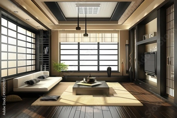 Obraz Modern living room with Japanese zen interior design: serene and minimalist aesthetic creates a tranquil home atmosphere.