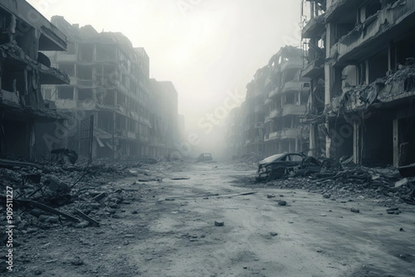 Obraz A dystopian and desolate urban landscape with crumbling buildings and streets, rubble and fog in the background. Generative AI