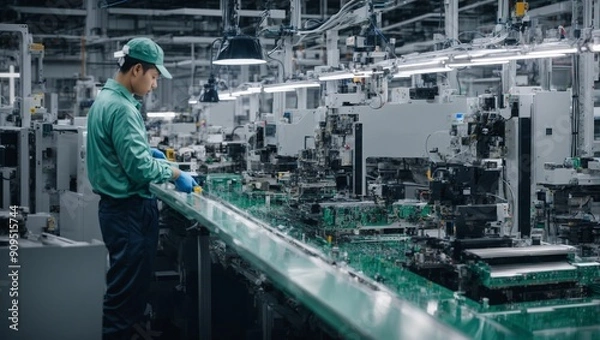 Fototapeta Factory Worker on Assembly Line: A focused worker in green uniform operates a complex machinery in a modern factory setting, exemplifying precision and efficiency in industrial production.  