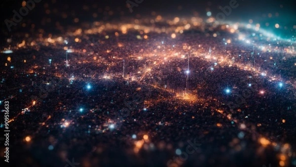 Fototapeta Cosmic Cityscape: A mesmerizing abstract cityscape, with vibrant, twinkling lights resembling distant stars. A breathtaking depiction of urban life, illuminated and alive with energy.  