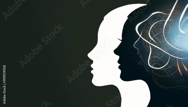 Obraz Metaphor bipolar disorder mind mental. Double face. Split personality. Concept mood disorder. Dual personality concept. 2 Head silhouette. Mental health. Imagination. Web banner. 