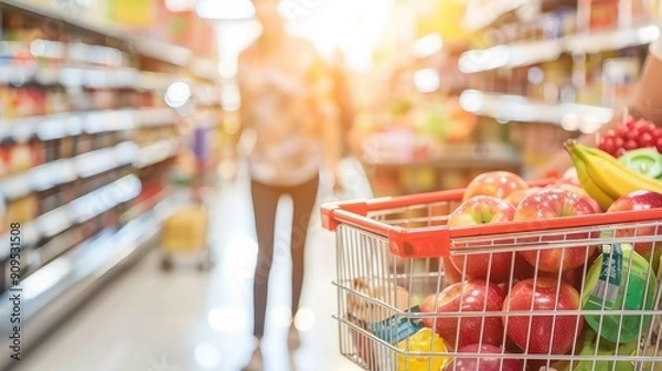 Fototapeta Close-up of a shopping cart filled with fresh fruits and vegetables in a brightly lit supermarket aisle..