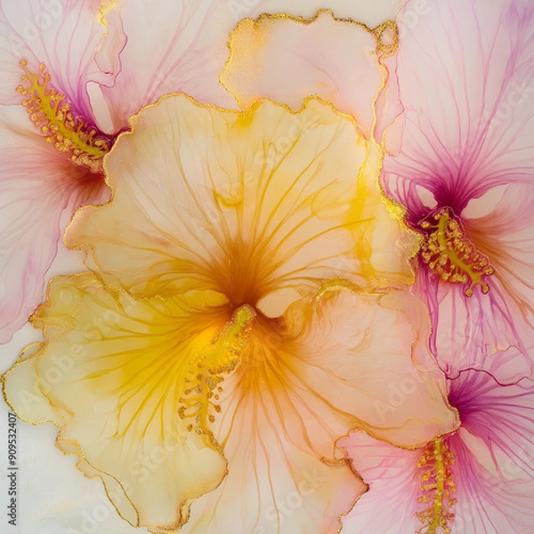 Obraz Beautiful yellow hibiscus flowers in the style of alcohol ink on a white background