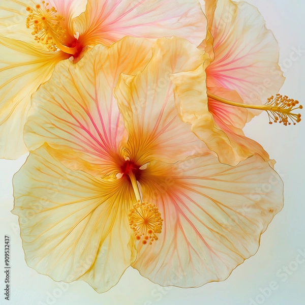 Obraz Beautiful yellow hibiscus flowers in the style of alcohol ink on a white background