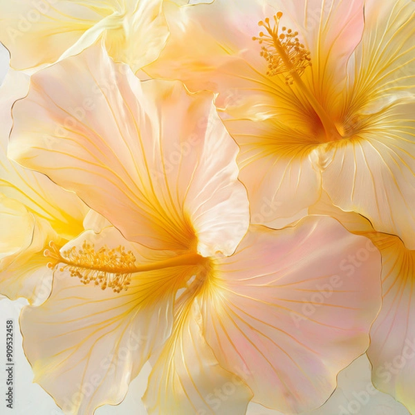 Obraz Beautiful yellow hibiscus flowers in the style of alcohol ink on a white background