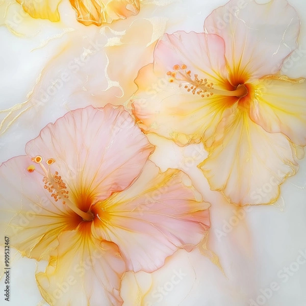 Obraz Beautiful yellow hibiscus flowers in the style of alcohol ink on a white background