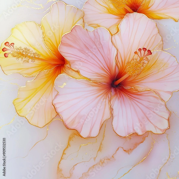 Obraz Beautiful yellow hibiscus flowers in the style of alcohol ink on a white background