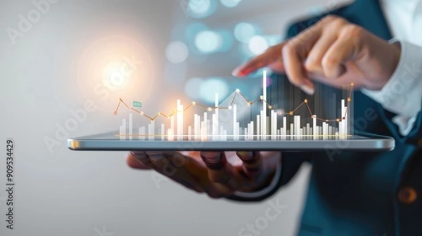 Fototapeta A person analyzes financial data and graphs on a digital tablet, highlighting business analytics and technology in finance..