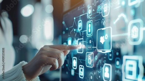 Fototapeta A woman uses a futuristic touchscreen interface with glowing digital icons, highlighting advanced technology and data interaction..