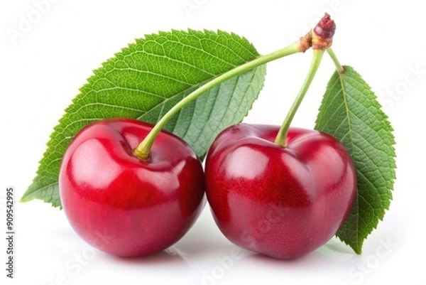 Fototapeta Two Red Cherries with Green Leaves on White Background.