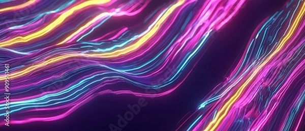 Fototapeta Overlay of neon glitch trails, on black background, Generative AI