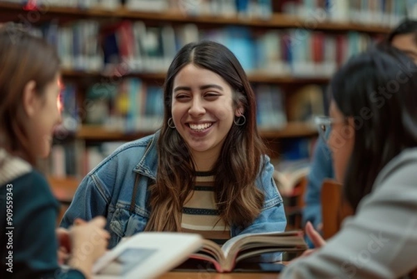 Fototapeta A group of university students chatting and reading books together in the library.