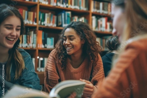 Fototapeta A group of university students chatting and reading books together in the library.