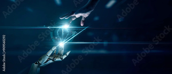 Obraz AI, Machine learning, Hands of robot and human touch  on big data network connection of brain AI, Data exchange, deep learning, Science, artificial intelligence technology, innovation of futuristic.