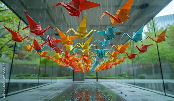 Fototapeta A cluster of colorful paper cranes suspended on strings, symbolizing hope