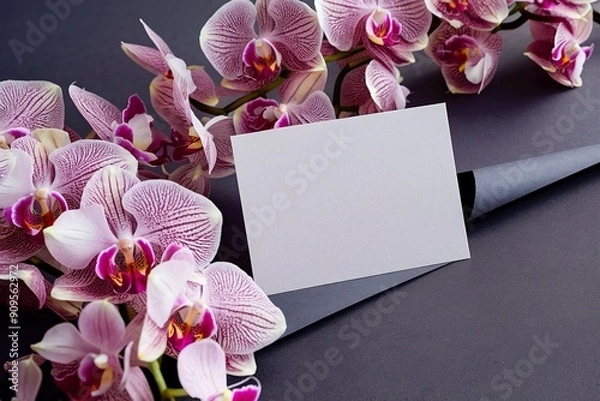 Obraz pink and white orchid flowers with blank paper card on dark gray background
