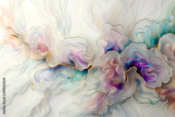 Obraz Abstract fluid flowing art by alcohol ink white tone with iridescent hues and gold with copy space text. For banner, background in concept luxury