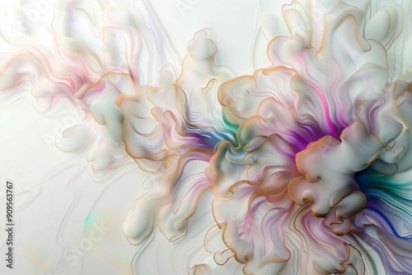 Fototapeta Abstract fluid flowing art by alcohol ink white tone with iridescent hues and gold with copy space text. For banner, background in concept luxury