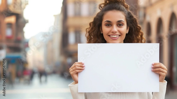 Obraz Young woman holding blank banner for advertising, information or promotion of product