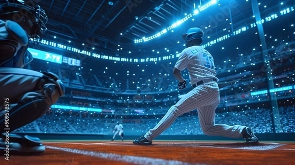 Obraz Futuristic Baseball Game with Holographic Players and Interactive Spectator Overlays